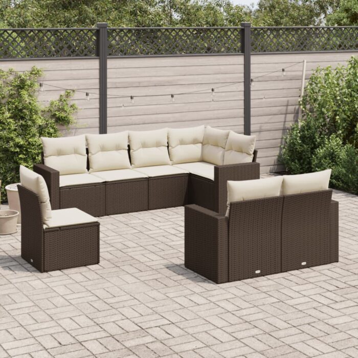 Salon de jardin 8 pcs avec coussins marron résine tressée – Image 1