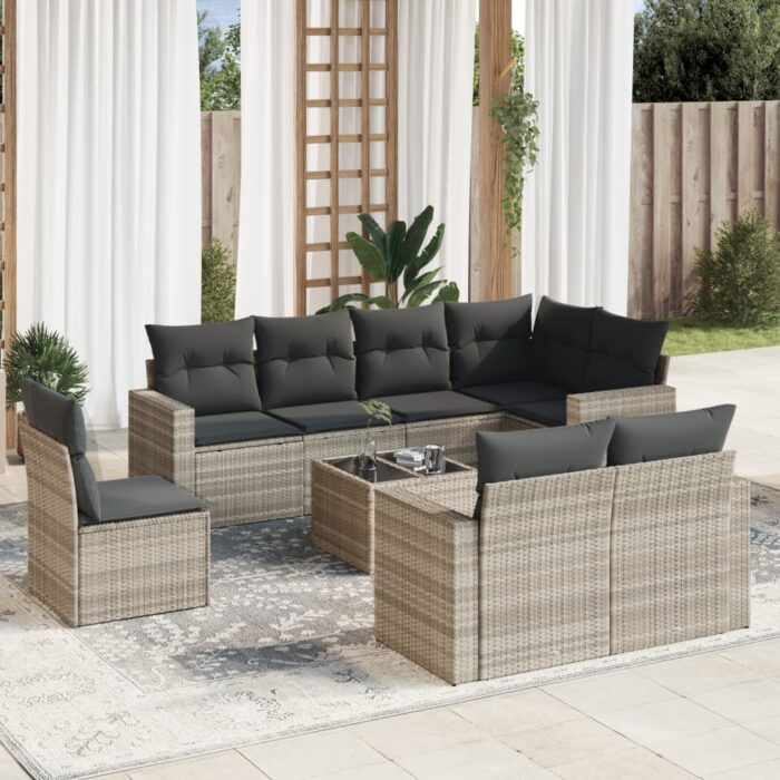 Salon de jardin 9 pcs avec coussins gris clair résine tressée – Image 1