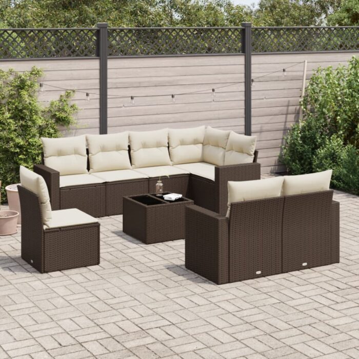 Salon de jardin avec coussins 9 pcs marron résine tressée – Image 1