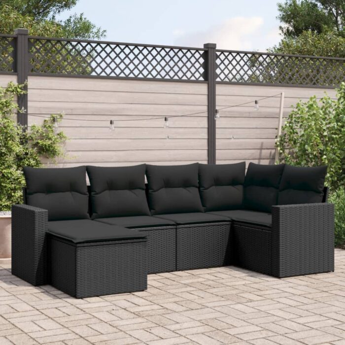 Salon de jardin 6 pcs avec coussins noir résine tressée – Image 1