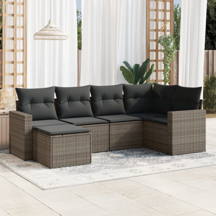 Salon de jardin 6 pcs avec coussins gris résine tressée – Image 1