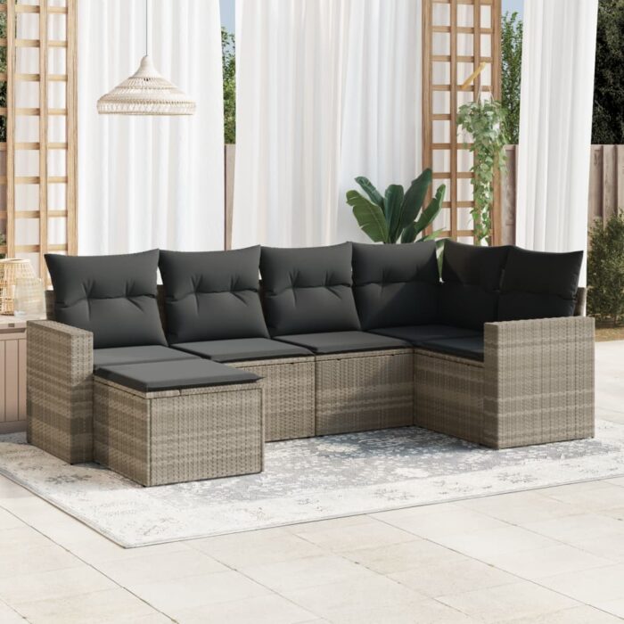 Salon de jardin 6 pcs avec coussins gris clair résine tressée – Image 1