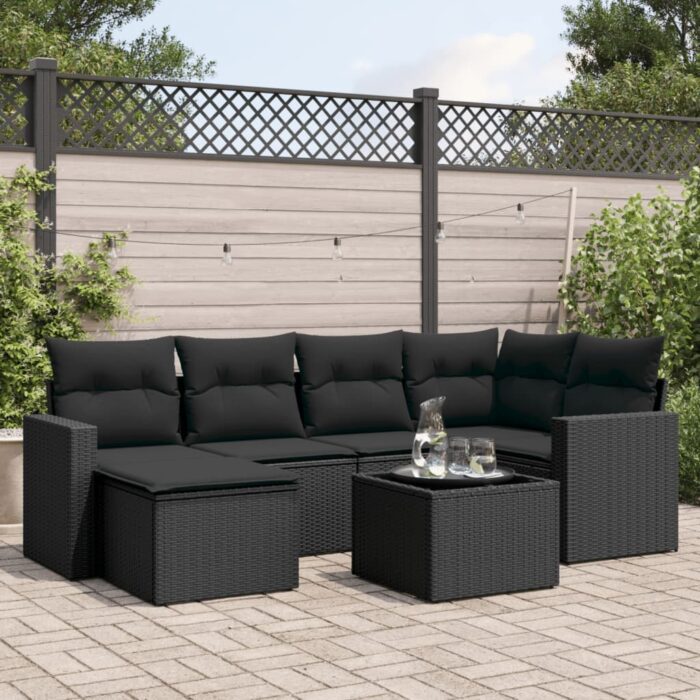 Salon de jardin 7 pcs avec coussins noir résine tressée – Image 1