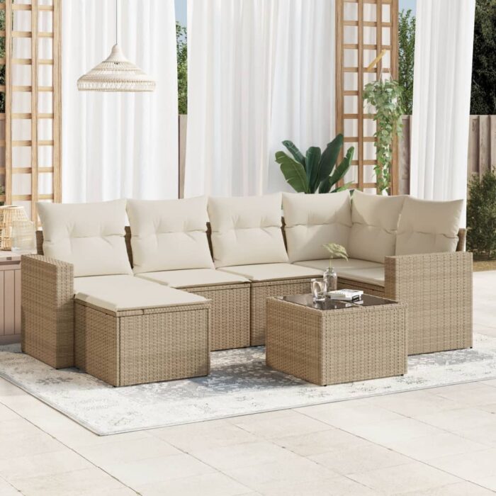 Salon de jardin avec coussins 7 pcs beige résine tressée – Image 1