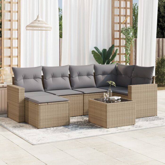 Salon de jardin avec coussins 7 pcs beige résine tressée – Image 1