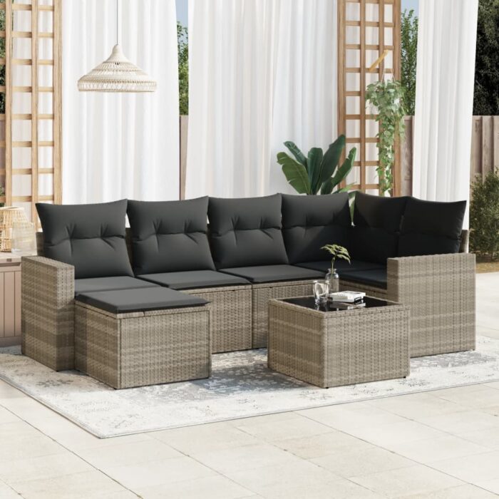 Salon de jardin avec coussins 7 pcs gris clair résine tressée – Image 1