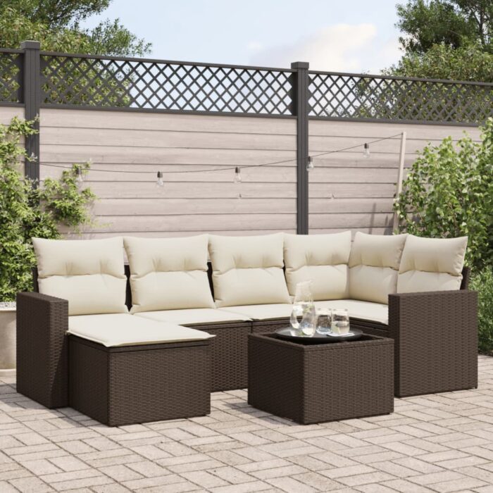 Salon de jardin avec coussins 7 pcs marron résine tressée – Image 1