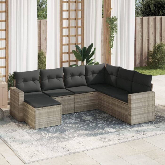 Salon de jardin avec coussins 7 pcs gris clair résine tressée – Image 1