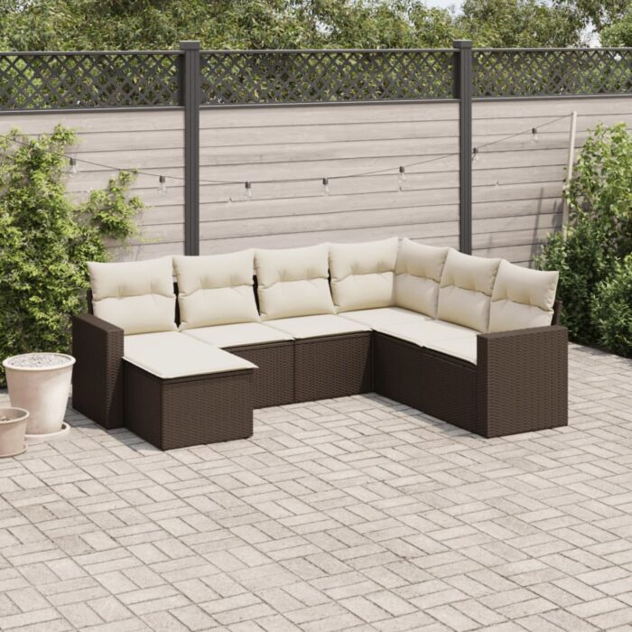 Salon de jardin avec coussins 7 pcs marron résine tressée – Image 1
