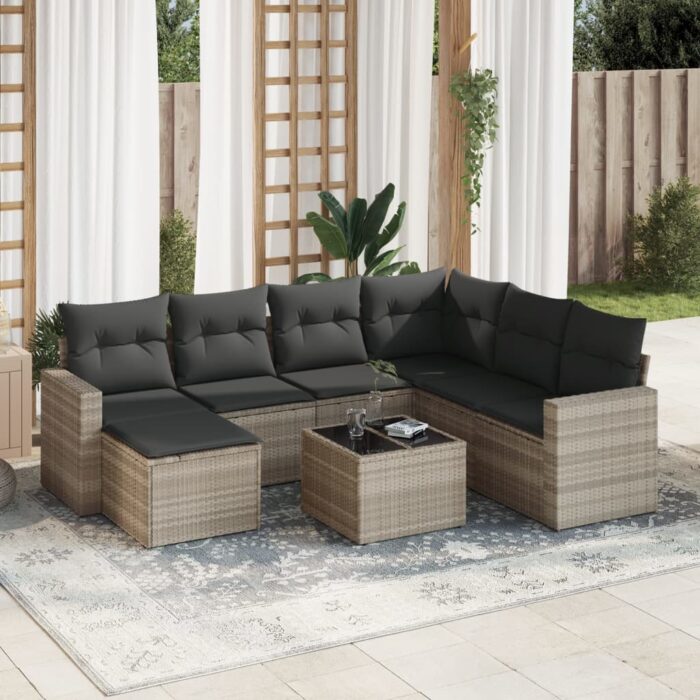 Salon de jardin 8 pcs avec coussins gris clair résine tressée – Image 1