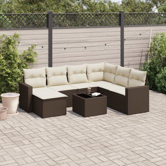 Salon de jardin 8 pcs avec coussins marron résine tressée – Image 1