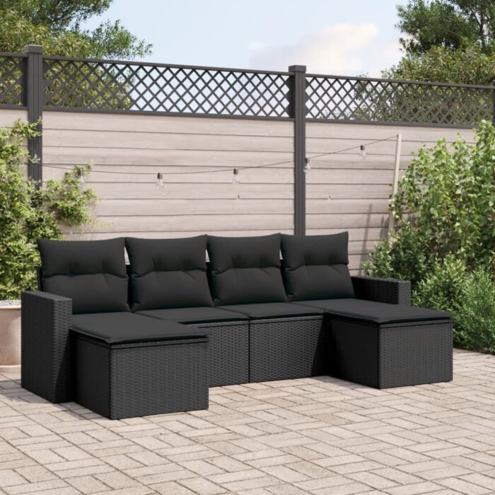 Salon de jardin 6 pcs avec coussins noir résine tressée – Image 1