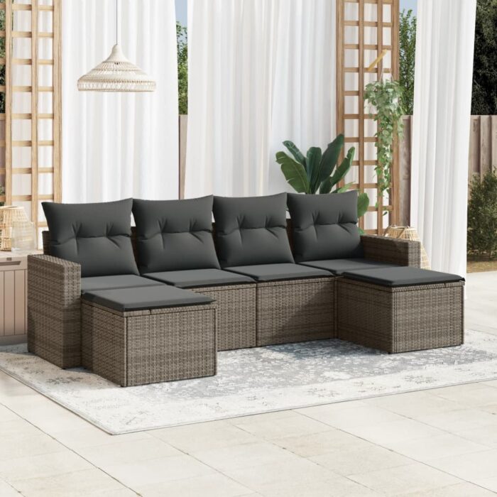 Salon de jardin 6 pcs avec coussins gris résine tressée – Image 1