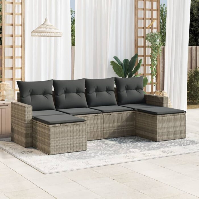 Salon de jardin 6 pcs avec coussins gris clair résine tressée – Image 1