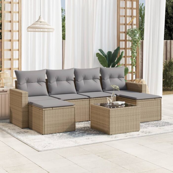 Salon de jardin avec coussins 7 pcs beige résine tressée – Image 1