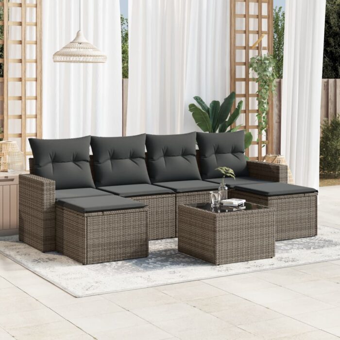 Salon de jardin avec coussins 7 pcs gris résine tressée – Image 1