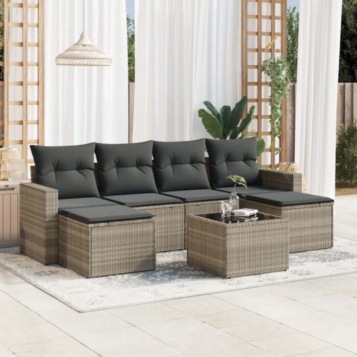 Salon de jardin avec coussins 7 pcs gris clair résine tressée – Image 1