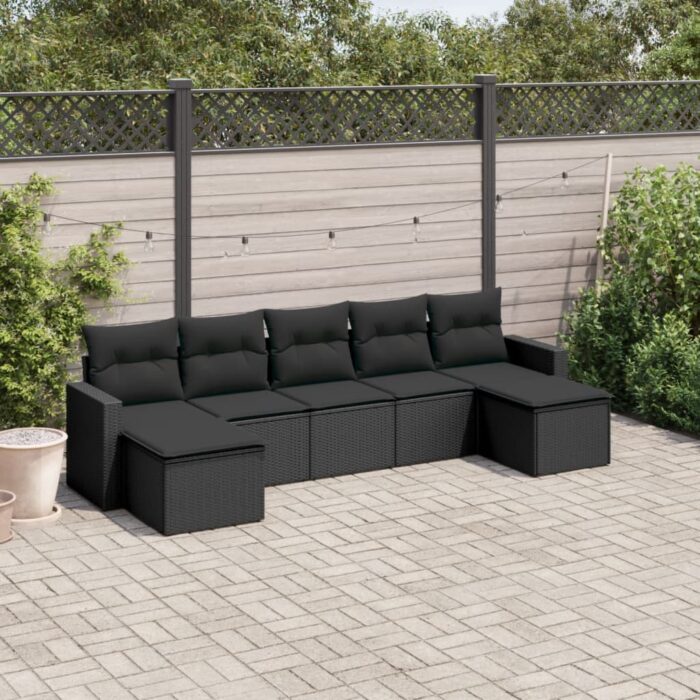 Salon de jardin 7 pcs avec coussins noir résine tressée – Image 1