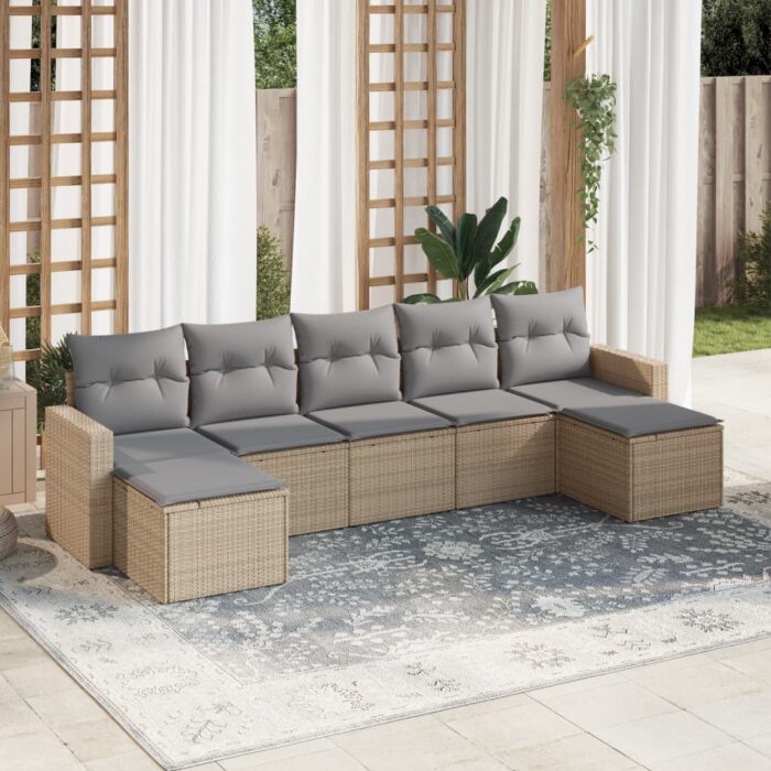 Salon de jardin avec coussins 7 pcs beige résine tressée – Image 1