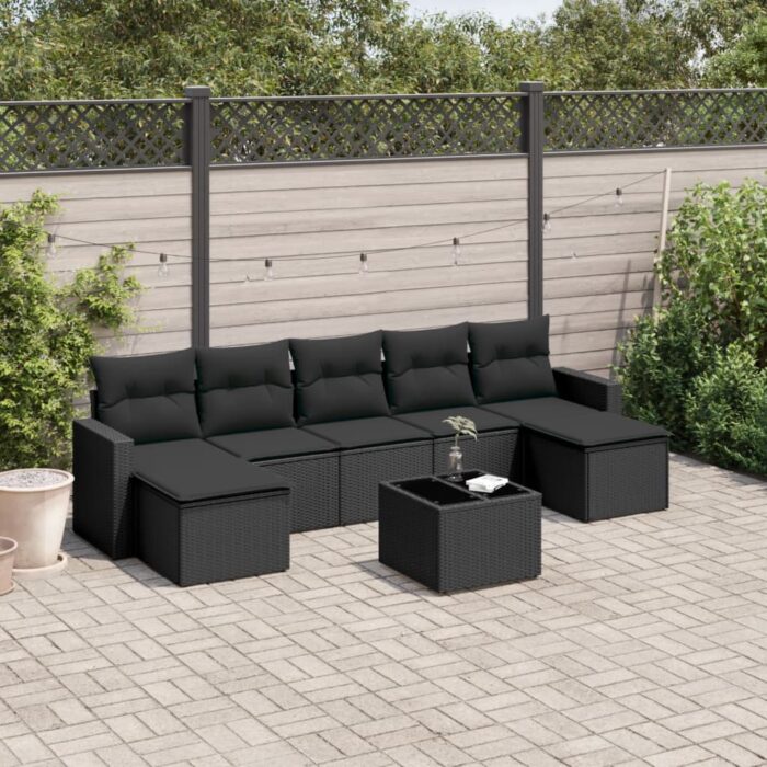 Salon de jardin 8 pcs avec coussins noir résine tressée – Image 1