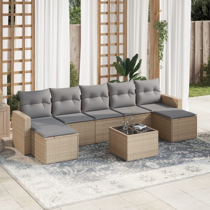 Salon de jardin avec coussins 8 pcs beige résine tressée – Image 1