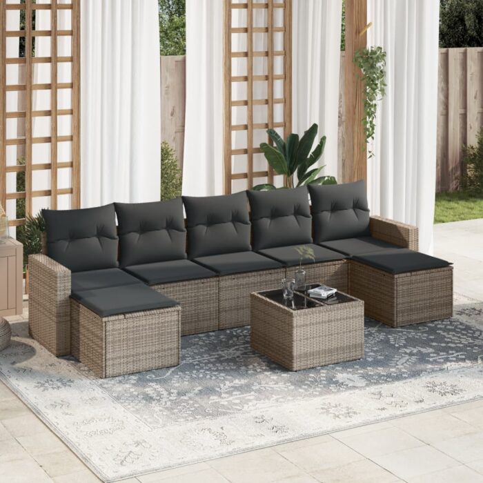 Salon de jardin 8 pcs avec coussins gris résine tressée – Image 1