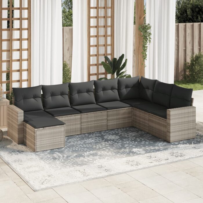 Salon de jardin 8 pcs avec coussins gris clair résine tressée – Image 1