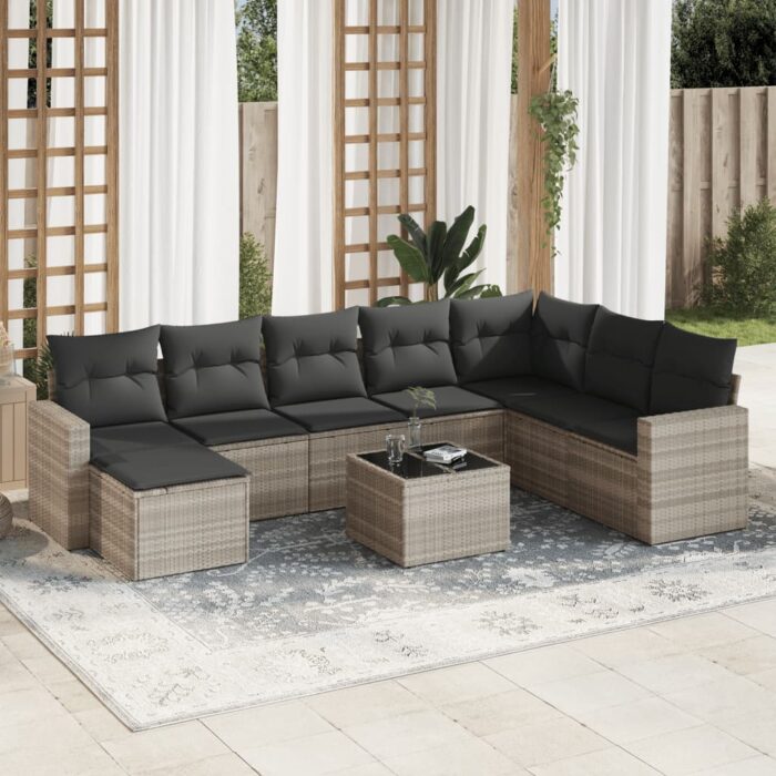 Salon de jardin 9 pcs avec coussins gris clair résine tressée – Image 1