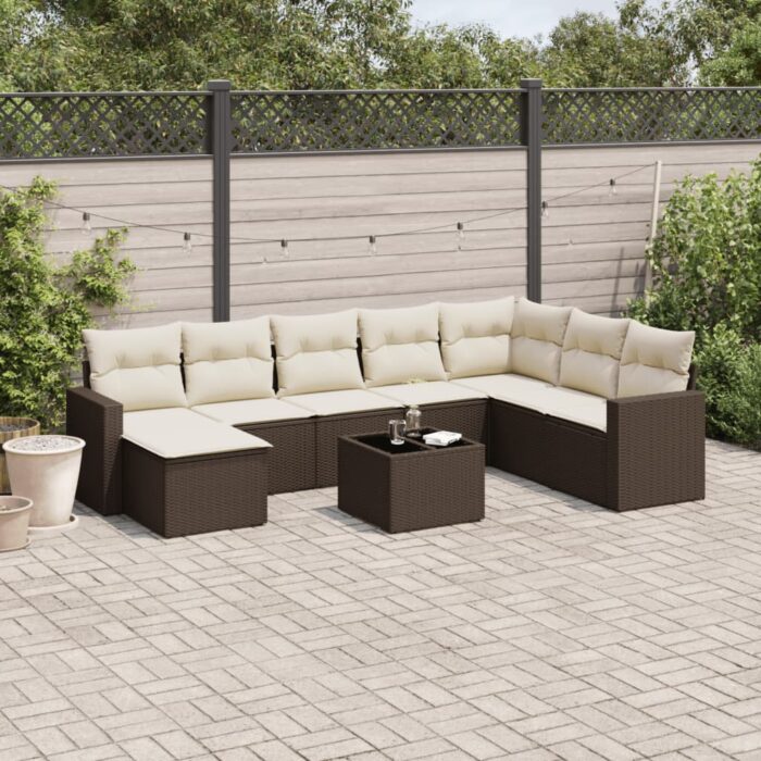 Salon de jardin avec coussins 9 pcs marron résine tressée – Image 1