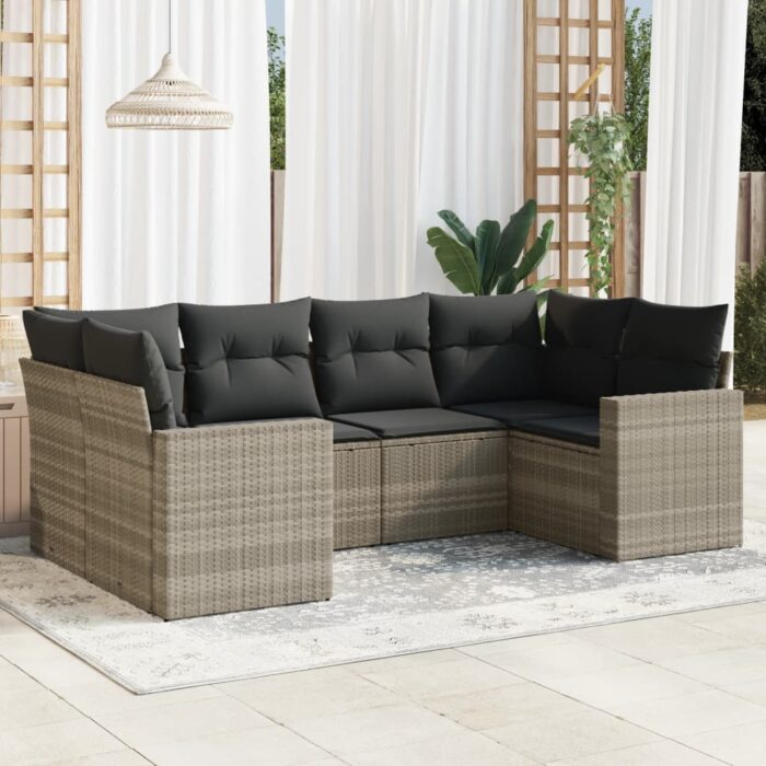 Salon de jardin 6 pcs avec coussins gris clair résine tressée – Image 1