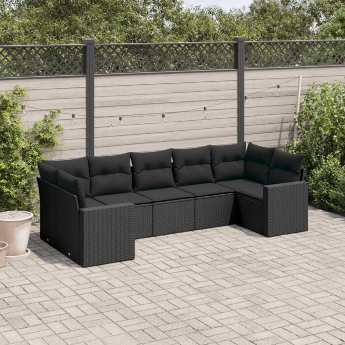 Salon de jardin 7 pcs avec coussins noir résine tressée – Image 1