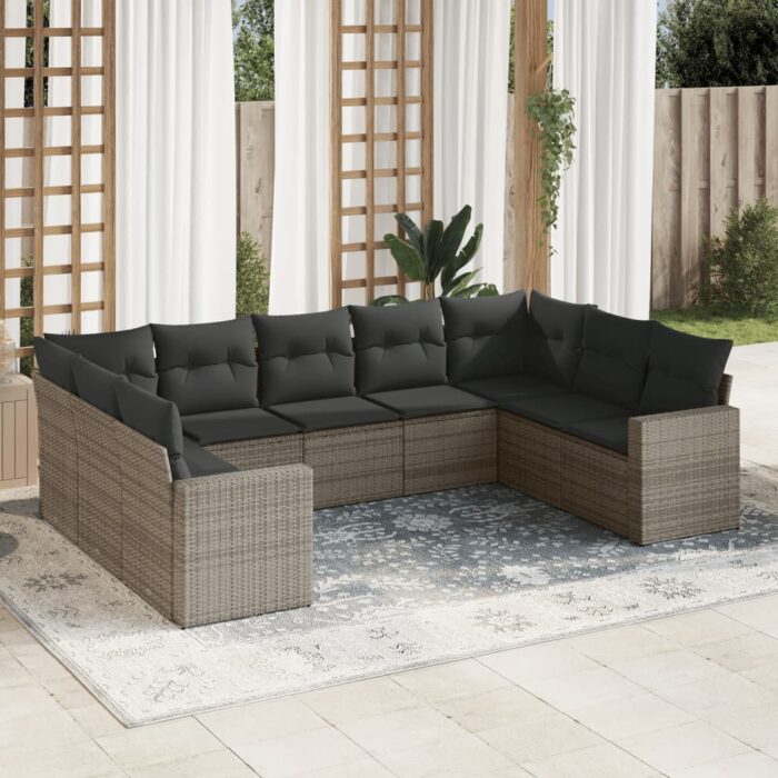 Salon de jardin 9 pcs avec coussins gris résine tressée – Image 1