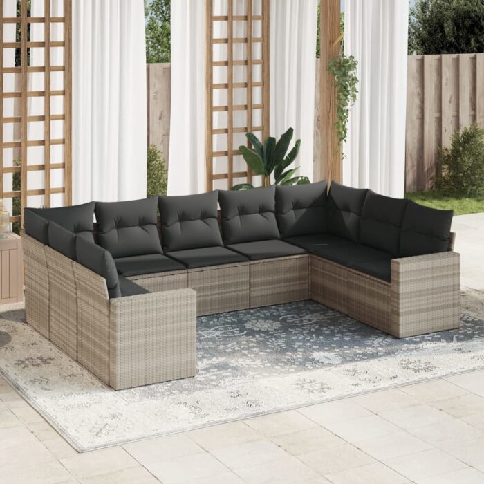 Salon de jardin 9 pcs avec coussins gris clair résine tressée – Image 1