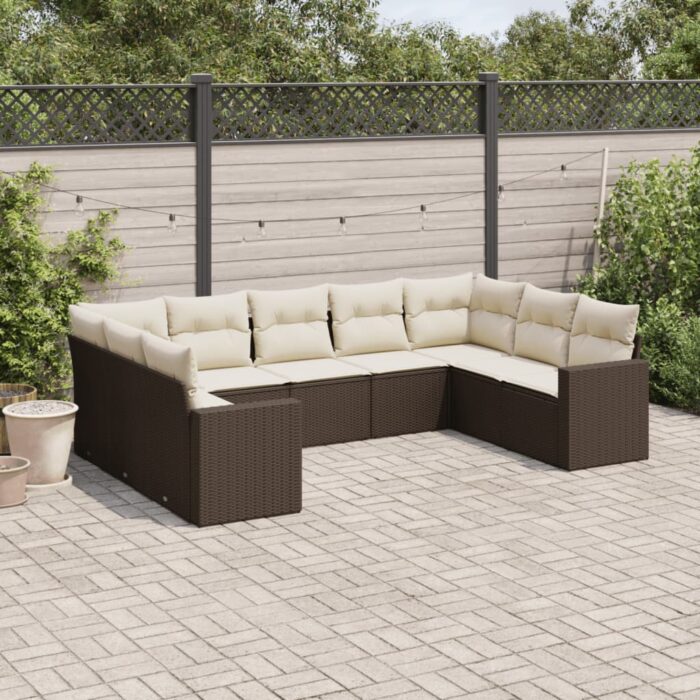 Salon de jardin avec coussins 9 pcs marron résine tressée – Image 1