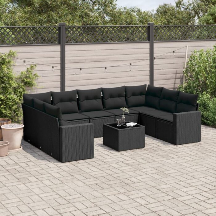Salon de jardin 10 pcs avec coussins noir résine tressée – Image 1