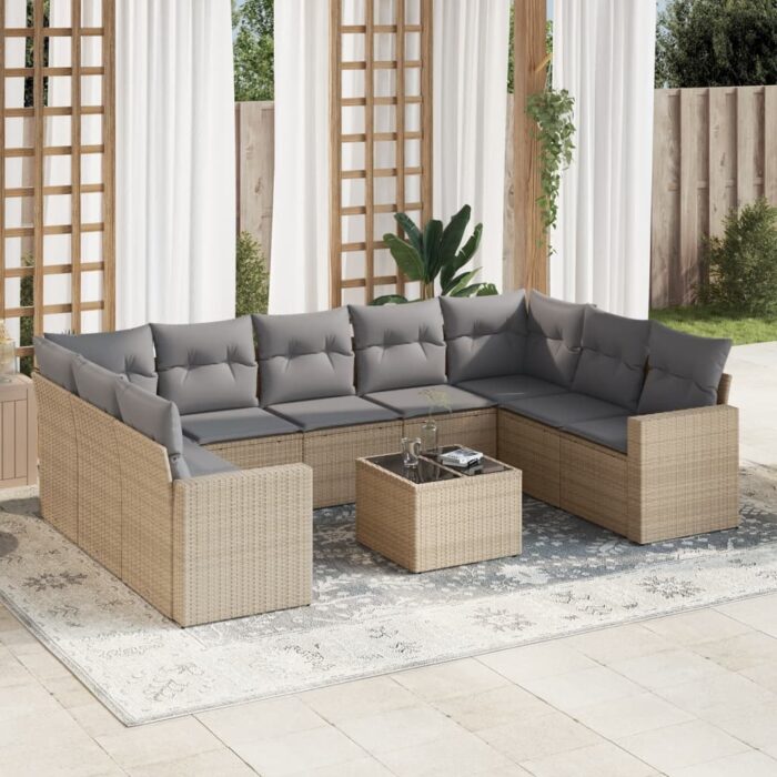 Salon de jardin avec coussins 10 pcs beige résine tressée – Image 1