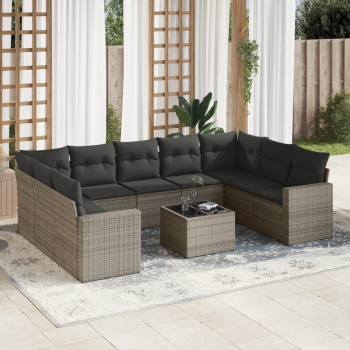 Salon de jardin avec coussins 10 pcs gris résine tressée – Image 1