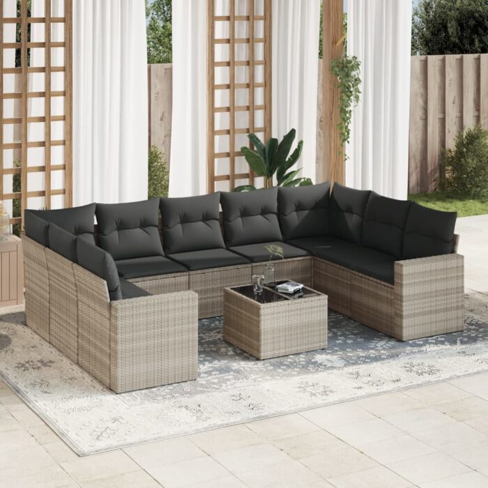 Salon de jardin avec coussins 10 pcs gris clair résine tressée – Image 1