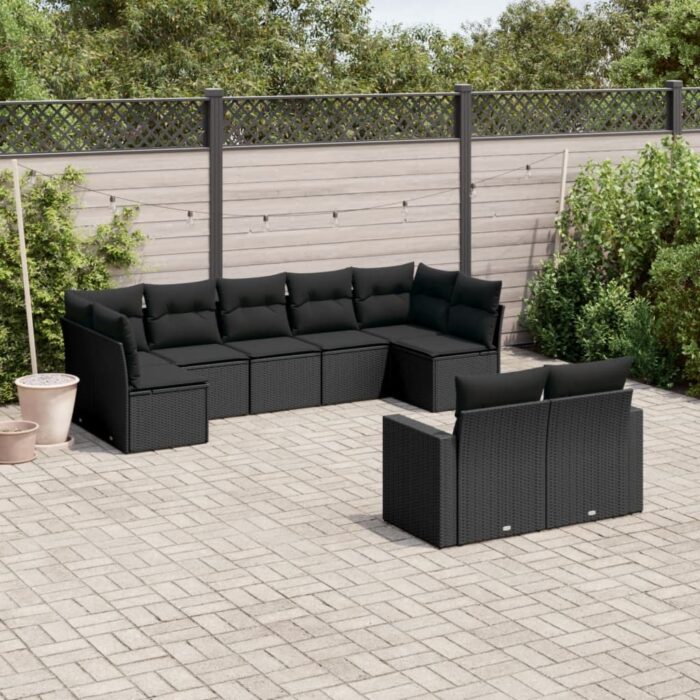 Salon de jardin 9 pcs avec coussins noir résine tressée – Image 1