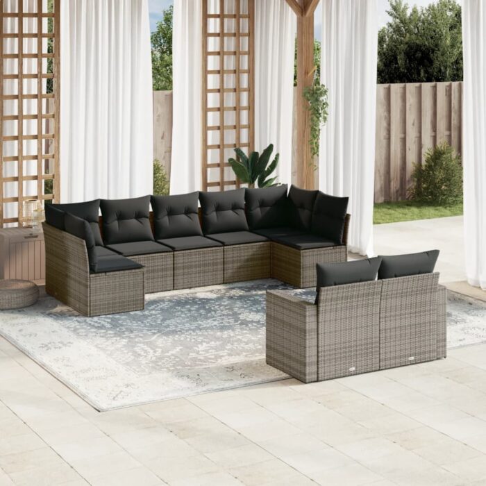 Salon de jardin 9 pcs avec coussins gris résine tressée – Image 1