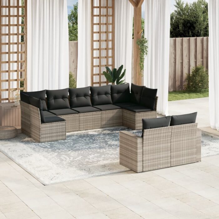 Salon de jardin 9 pcs avec coussins gris clair résine tressée – Image 1