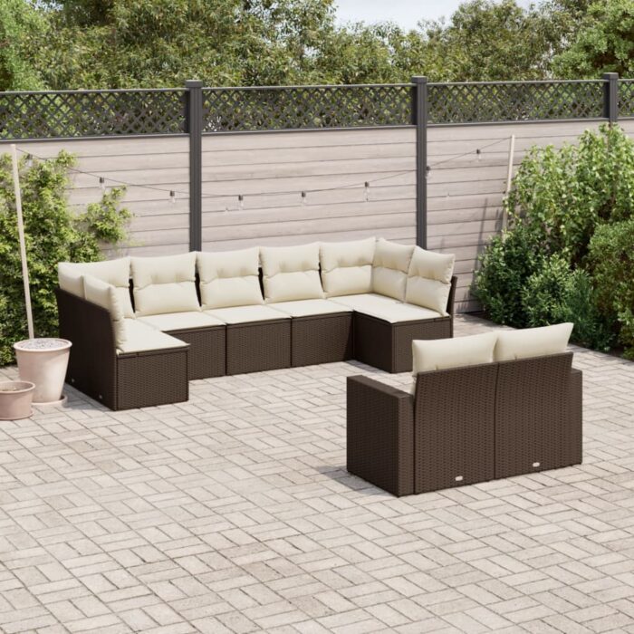 Salon de jardin avec coussins 9 pcs marron résine tressée – Image 1