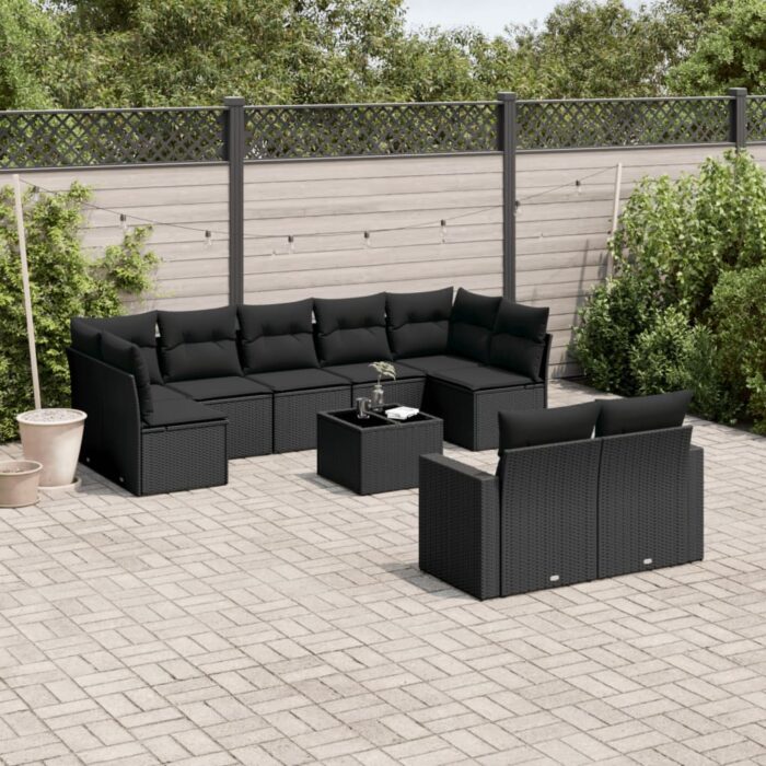 Salon de jardin 10 pcs avec coussins noir résine tressée – Image 1