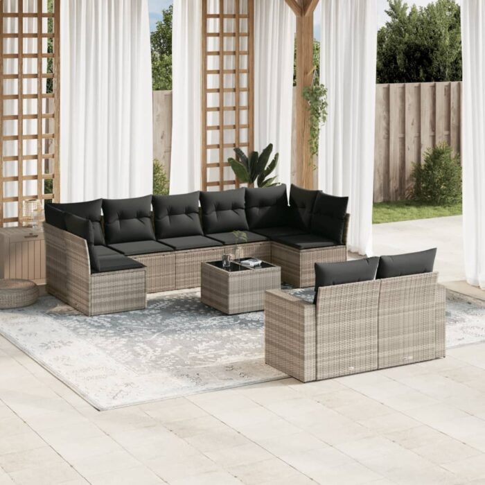 Salon de jardin avec coussins 10 pcs gris clair résine tressée – Image 1