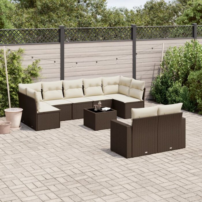 Salon de jardin 10 pcs avec coussins marron résine tressée – Image 1