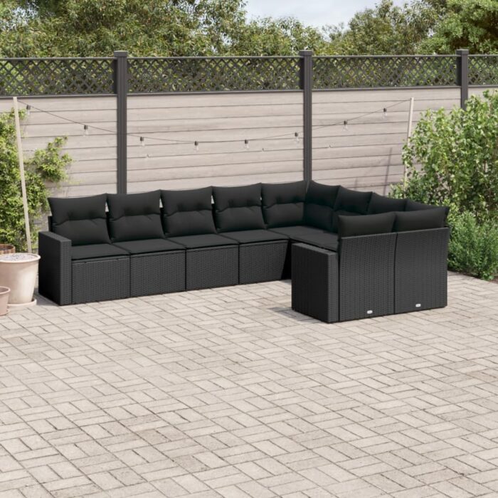 Salon de jardin 9 pcs avec coussins noir résine tressée – Image 1