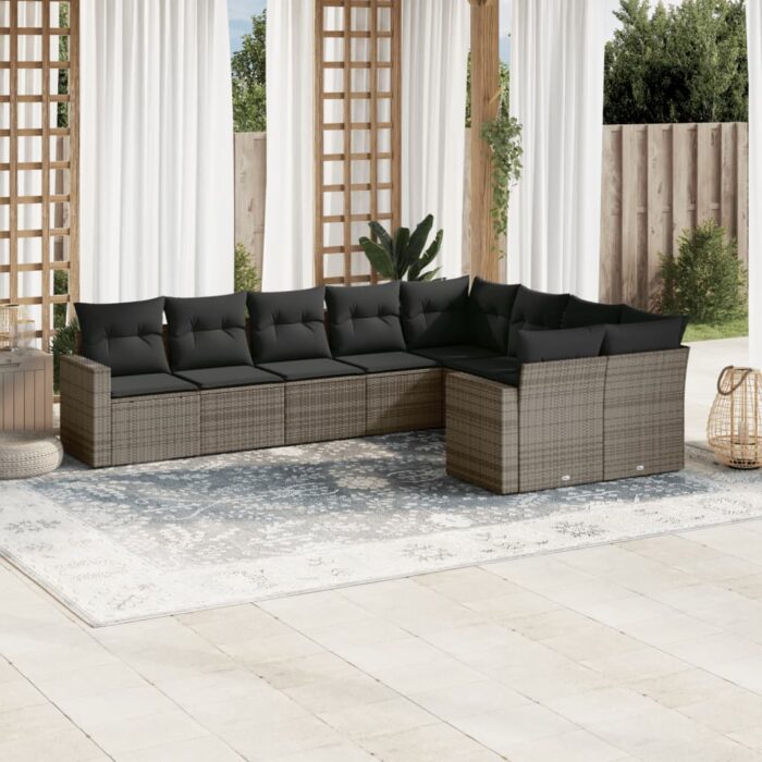 Salon de jardin 9 pcs avec coussins gris résine tressée – Image 1