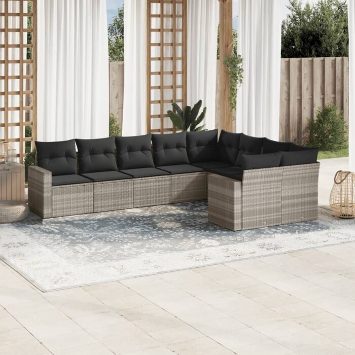 Salon de jardin 9 pcs avec coussins gris clair résine tressée – Image 1
