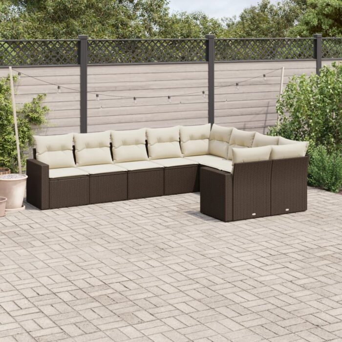 Salon de jardin avec coussins 9 pcs marron résine tressée – Image 1