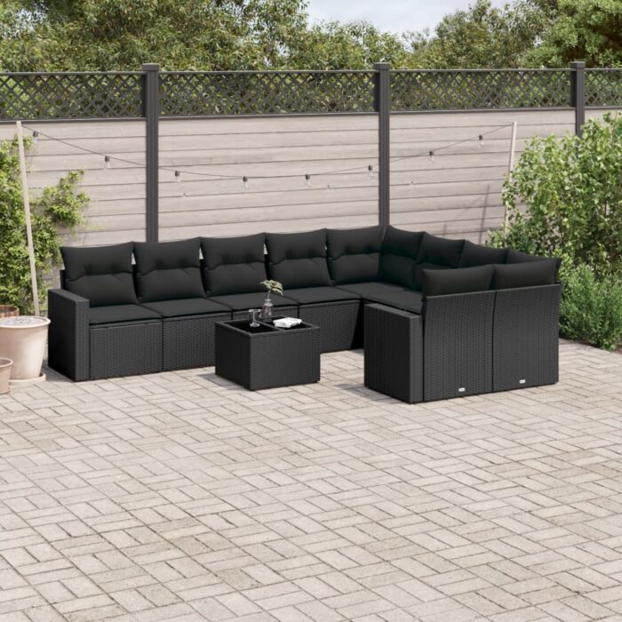 Salon de jardin 10 pcs avec coussins noir résine tressée – Image 1